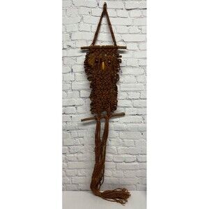 Vtg Macrame Owl Plant Hanger Jute Wood Eyes & Driftwood 50” Long Large